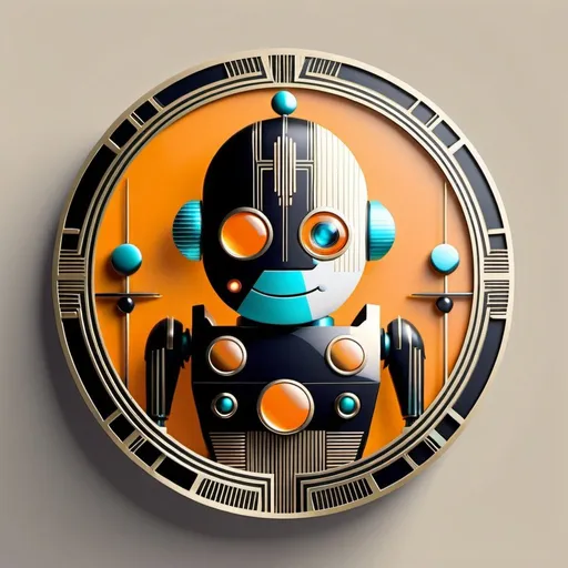 Prompt: How about this: imagine a series of Art Deco-style robots holding up a circle with a diameter of about 2.5cm, each with intricate geometric patterns and sleek, metallic features. Minimal desing. The robots are taking over this round