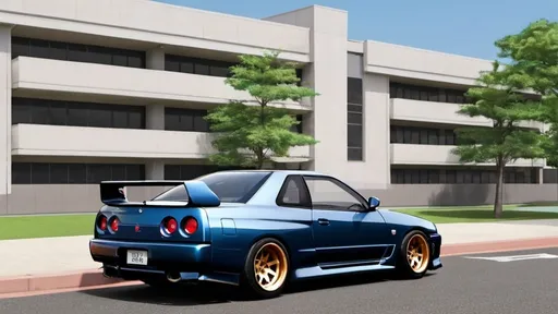 Prompt: Nissan skyline GTR R32, street view, mcm, modern building, mid century modern