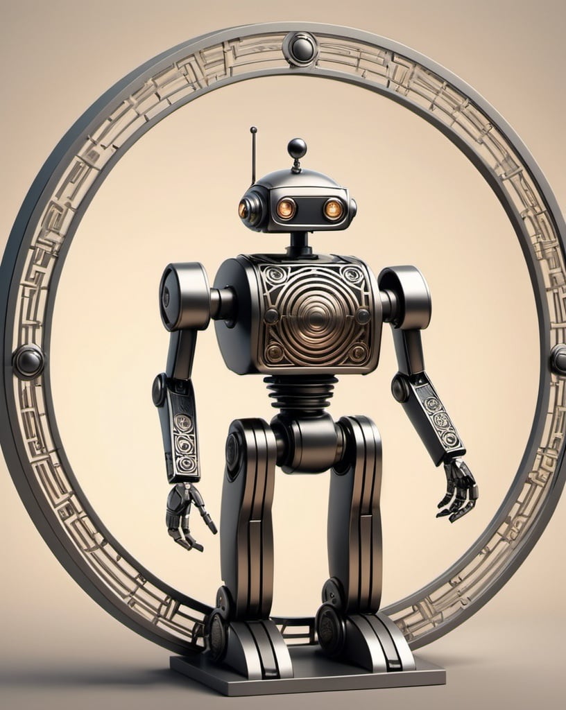 Prompt: How about this: imagine a series of Art Deco-style robots holding up a circle with a diameter of about 2.5cm, each with intricate geometric patterns and sleek, metallic features. Minimalism