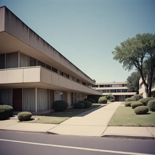 Prompt: Street view, mid century modern, future, brutalism, 