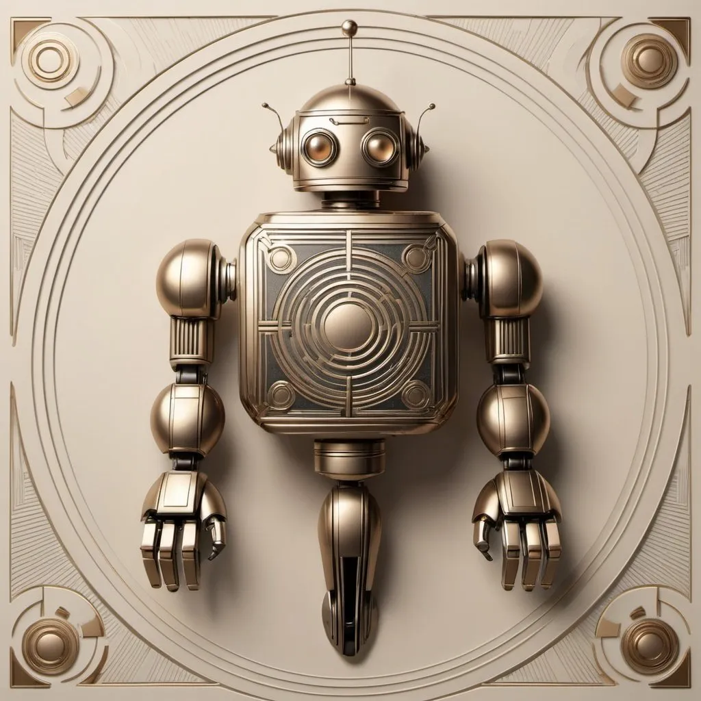 Prompt: How about this: imagine a series of Art Deco-style robots holding up a circle with a diameter of about 2.5cm, each with intricate geometric patterns and sleek, metallic features. Minimal style