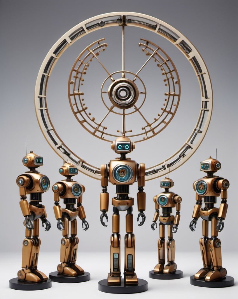 Prompt: How about this: imagine a series of atomic age-style robots holding up a circle with a diameter of about 2.5cm, each with intricate geometric patterns and sleek, metallic features.