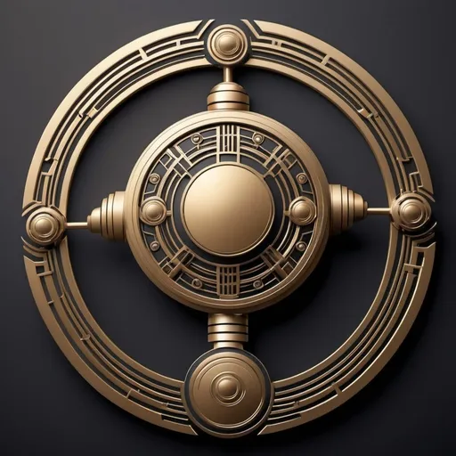 Prompt: How about this: imagine a series of Art Deco-style robots holding up a circle with a diameter of about 2.5cm, each with intricate geometric patterns and sleek, metallic features. Minimal style