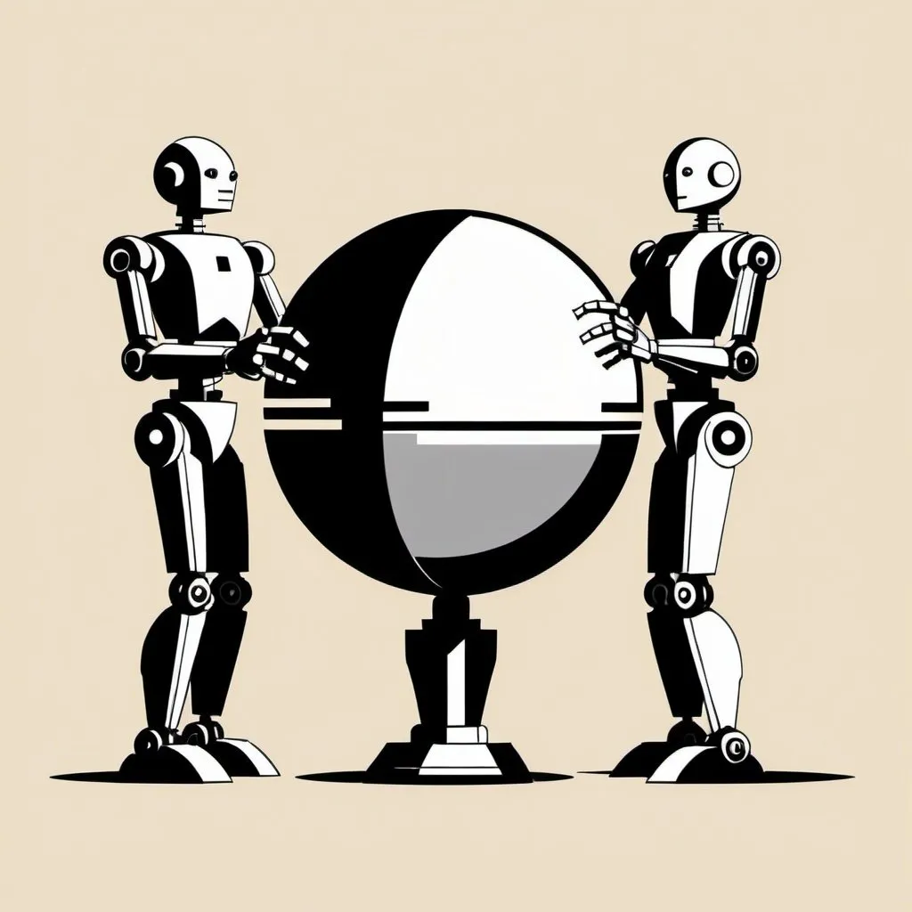 Prompt: Artdeco, robots holding a sphere, minimal, 2d,