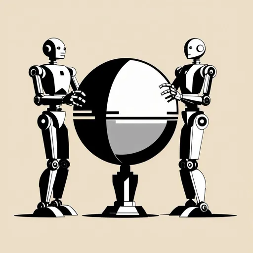 Prompt: Artdeco, robots holding a sphere, minimal, 2d,