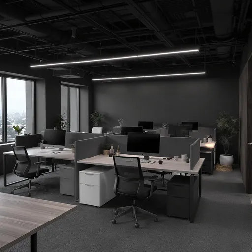 Prompt: modern Korean office interior with no natural light, artificial lighting only, sleek and minimalistic furniture, dark tones with black, gray, and neutral colors, contemporary desks and ergonomic chairs, high-tech equipment, open yet compact layout, clean lines, ambient lighting, modern design elements, comfortable yet professional atmosphere, minimal decorations, cozy and focused environment --v 6 --ar 16:9 --style raw
