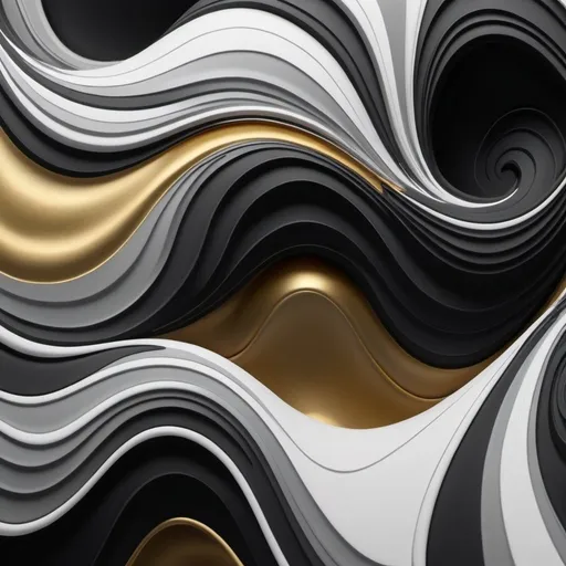 Prompt: Deep 3d abstract swirling waves art in black white and grey with gold thin outlines