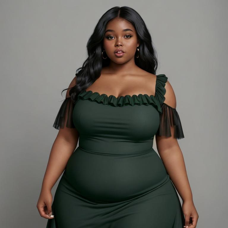 Prompt: beautiful fat black woman wearing a green dress