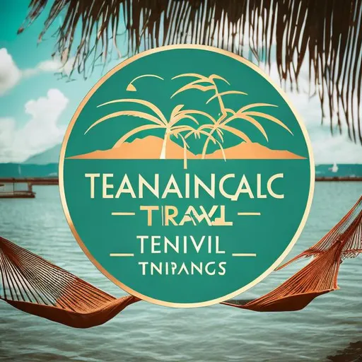 Prompt: make a teal and bronze travel logo for Tennacious Travel with a hammock and palm trees