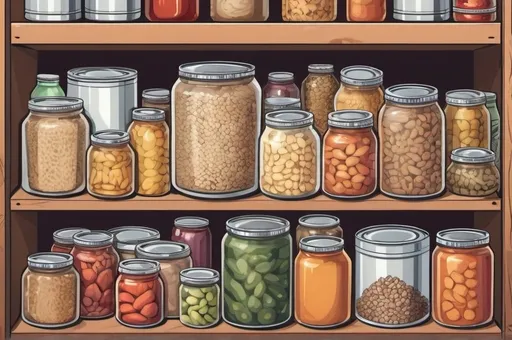 Prompt: food storage in a cartoon quality, with cans, canning process, seeds and other non perishable items