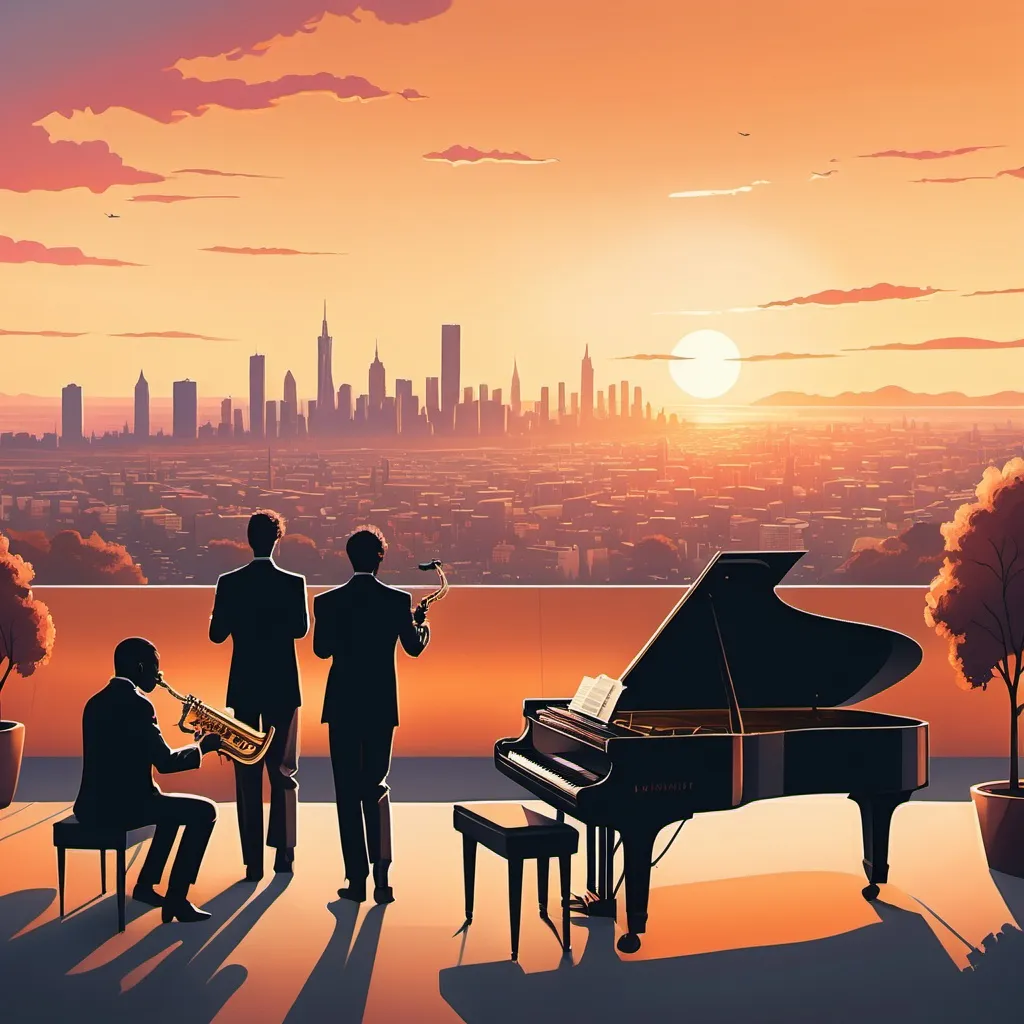 Prompt: A landscape sunset with people seeing the city in the background with a saxophonist and a pianist in a duo in a concert