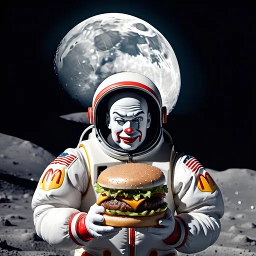 Prompt: Ai ronald mcdonalds eating burger in the moon