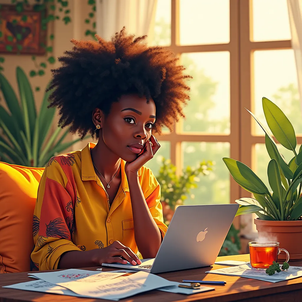 Prompt: An animated image of an African woman with a naturally curly hairstyle wearing comfortable clothing, working on a project on her computer. 