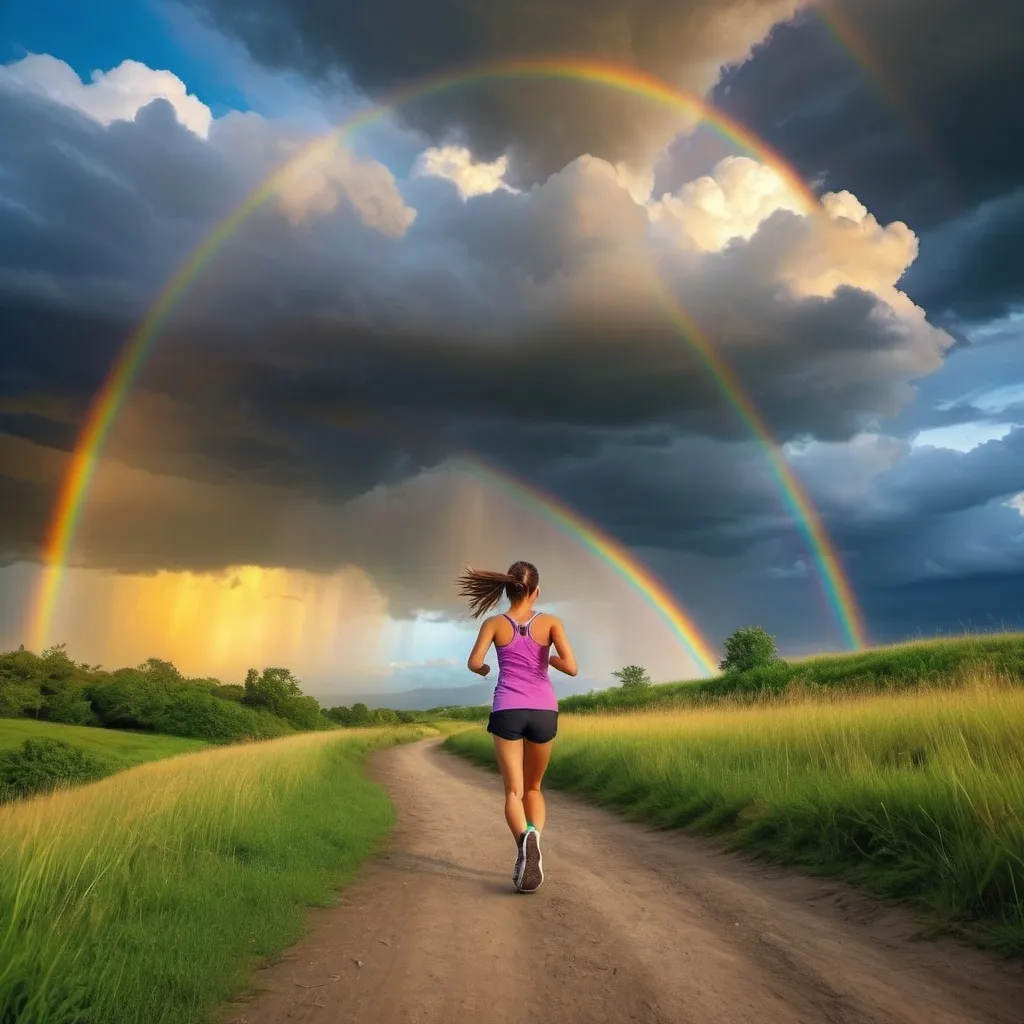 Prompt: beautiful sky with clouds and a rainbow. In the distance a girl is jogging on a trial. It's dark and overcast however the sky is beautiful