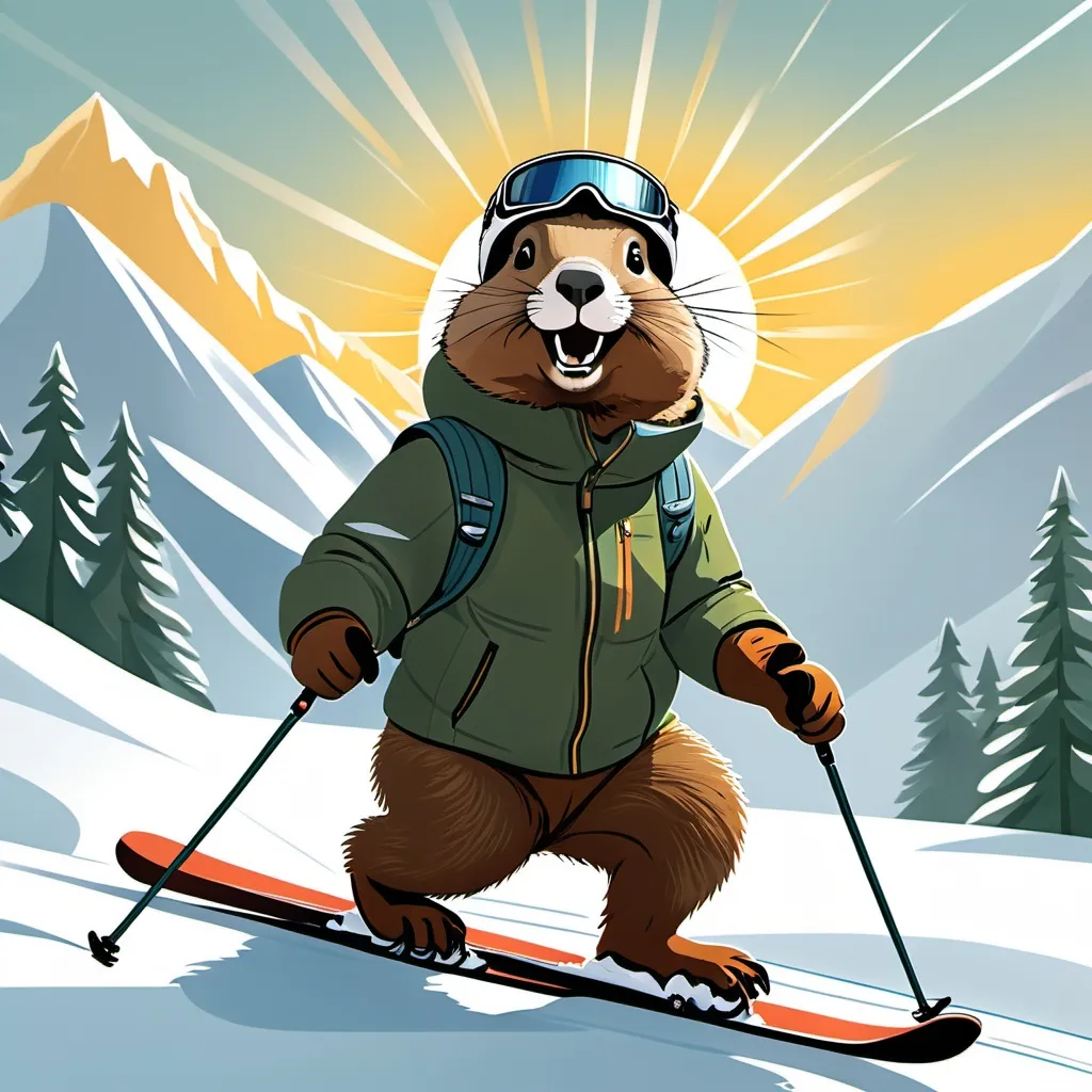 Prompt: An animated portrait for a book cover of a joyous marmot skiing down a snowy mountain with proper snow gear including snow pants, a parka, a helmet, ski poles, and skis with evergreen trees in the background and the sun brightly shining among a partly cloudy sky | Correct anatomy, happiness:10