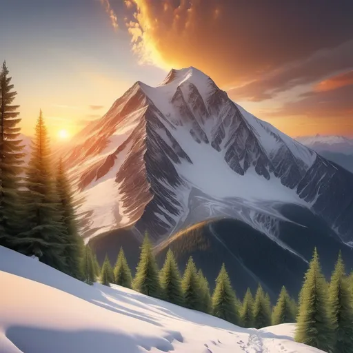 Prompt: A majestic image of a mountain:10 with flourishing greenery and snow in front of a golden sunset