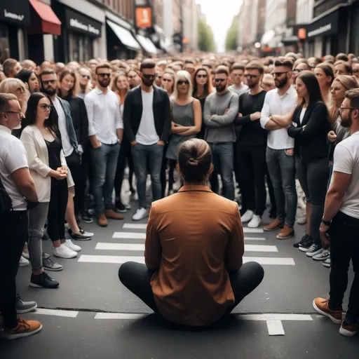 Prompt: A personal Brand sit on the table in a crowd street
