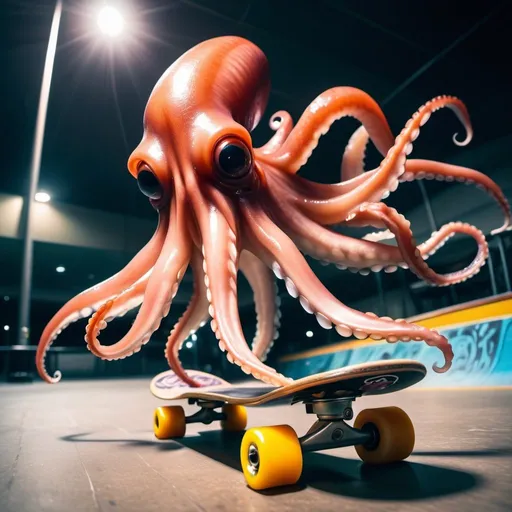 Prompt: A 4K photograph of a giant squid doing tricks on a skateboard. good lighting, detailed