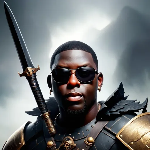 Prompt: a black warrior with shades on and with earring in left ear ears normal size emerges from the fog with sword and shield ready for battle in the unknown land of demons