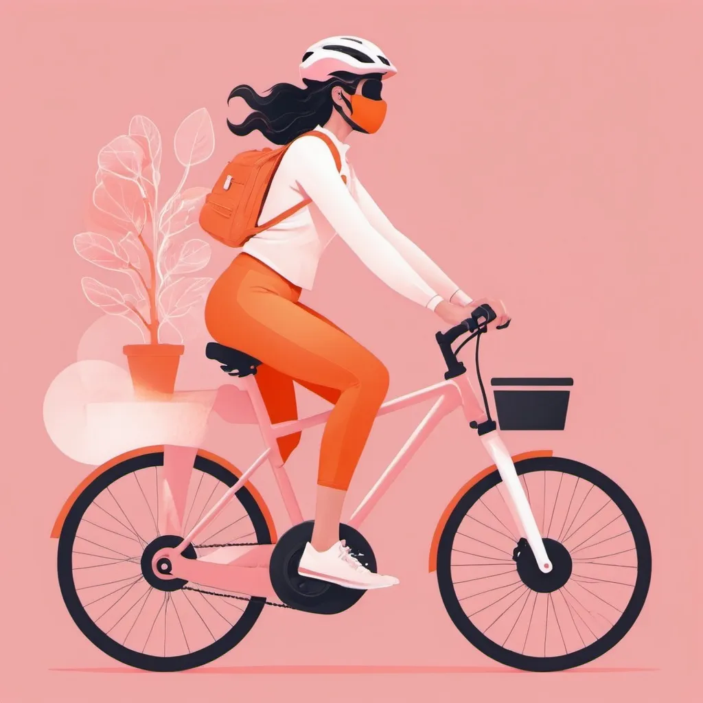 Prompt: Generate an illustration of a woman working in technology riding a bike in light pink and orange colors. Do not show the woman's face.