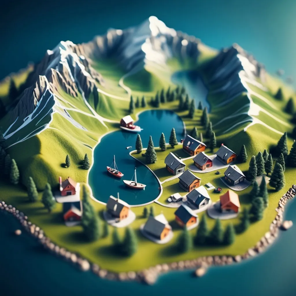 Prompt: aerial view, tilt-shift, isometric miniature world, detailed landscape world render with tiny houses and boats, mountains with lakes