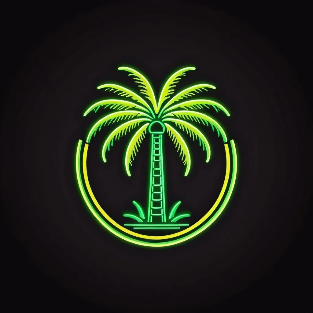 Prompt: Design a logo featuring a palm tree in neon green and yellow, reminiscent of a vintage neon beer sign. The design should capture a retro neon feel with no words included. Ensure there is enough space around the logo for additional elements to be added later. 