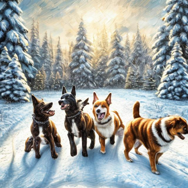 Prompt: Four dogs playing in the snow, realistic oil painting, winter wonderland, snow-covered trees, detailed fur with natural textures, joyful expressions, high quality, realistic, snowy landscape, playful dogs, winter scenery, detailed snow, natural lighting

