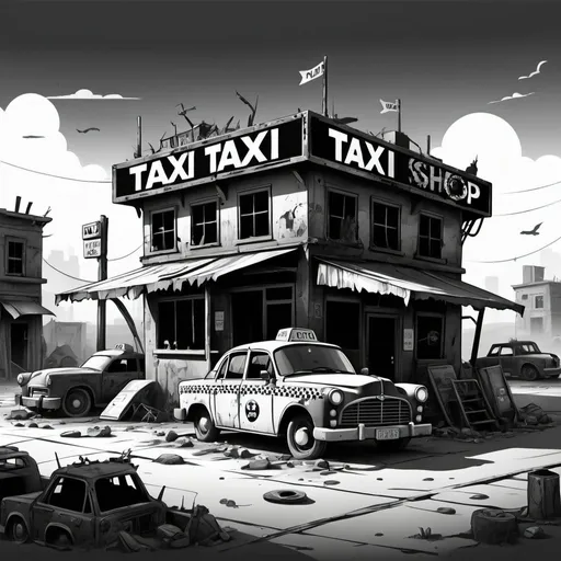 Prompt: post apocalyptic taxi shop cartoon style black and white