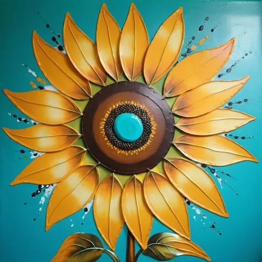 Prompt: Large abstract  sunflower with turquoise pedals mural