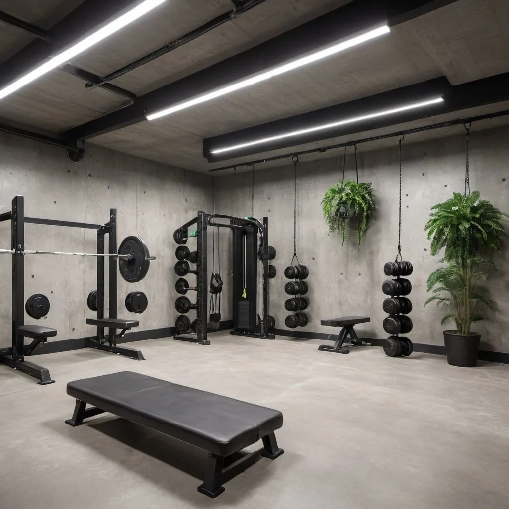 Prompt: A gym in the basement. In front of you place to sit. Behind the seats gym equipment. Walls are bare concrete. The interior has accents of green. There are plants in the gym. There are some steel accents