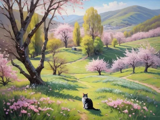 Prompt: oil painting, landscape on a sunny day, hills with cherry blossom trees and oaks in a center of a picture there is cat sitting on a flowery meadow 