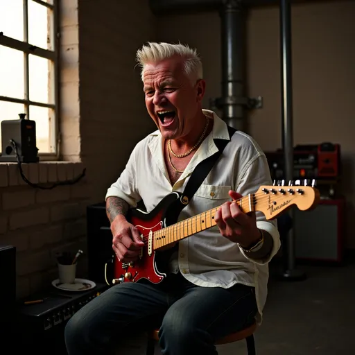 Prompt: @YdPgxiPhek87O4oi5EuA is playing electric guitar and sing a rock n roll song. He is sitting in a industrial looking room