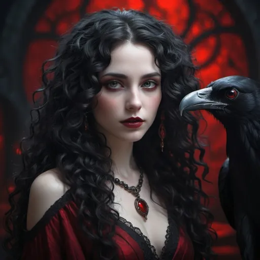 Prompt: A Vanir Goddess of shadows with long raven black curly hair, pale skin, and a calm demeanor. She fancies dark colors like black or blood red and has brown, almost black, eyes.