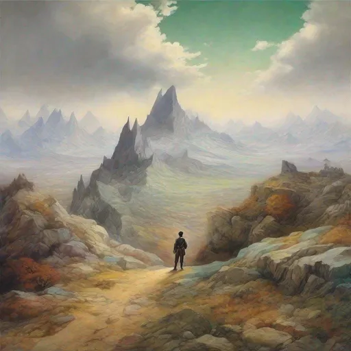 Prompt: Create any forms of artwork (Visual, Applied or Performing Arts) inspired by the ideas and perspectives fron friedrich's art (landscape w/ adventurer's back shown  and with color)