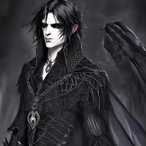 Prompt: One charismatic white male, ca 27 years old, dressed in elegant black gothic outfit adorned with some bone jewelry. He has long unruly black hair with three black raven feathers woven into it. Eye colour is dark grey and wears dark eyeshadow. He has the air of a dark bard or gothic musician.