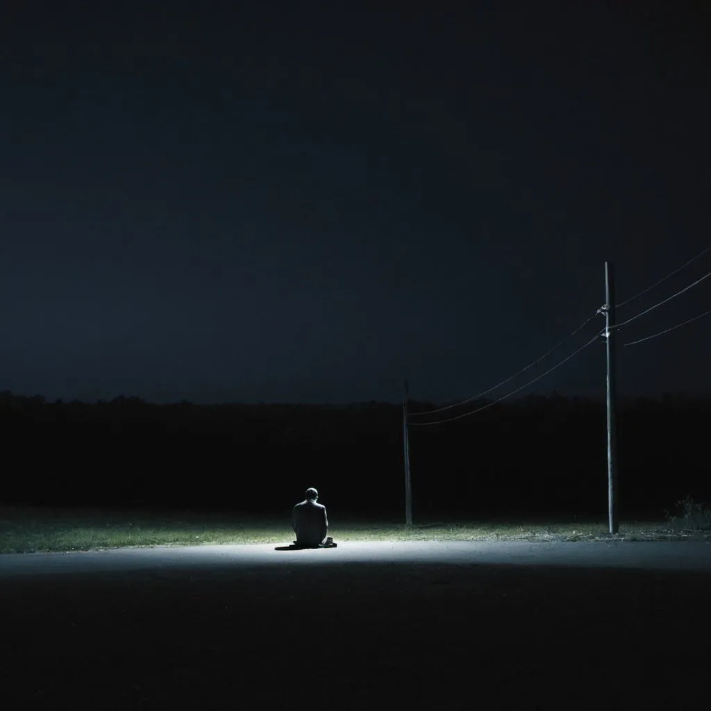 Prompt: man sitting alone in the middle of night