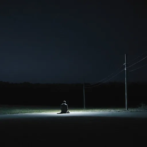 Prompt: man sitting alone in the middle of night