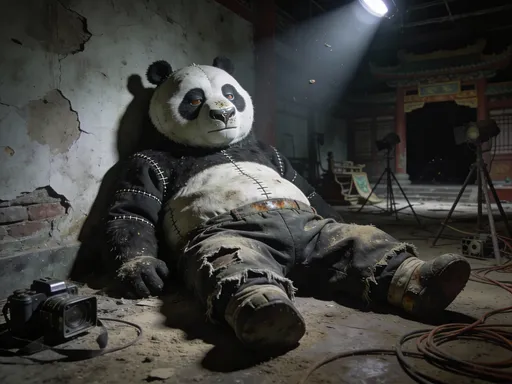 Prompt: In an abandoned Kung Fu Panda film set, Po the panda appears as a completely lifeless, full-scale animatronic prop, slumped motionless against a crumbling training hall wall as the viewer holds a flashlight, its single circular beam illuminating his exact likeness from the uploaded image—preserving his black-and-white fur textures, rounded proportions, stitched fabric seams, and molded facial features with no redesign or stylization. His kung fu pants are stiff with age, frayed at the edges, stained with grime, and coated in thick dust buildup, while faint rust shows at joint seams beneath torn fabric. The flashlight beam reveals scratches in his plastic nose, dulled eyes with no light or expression, and accumulated debris caught in the fur. Around him, dusty floors are littered with old film cameras, toppled light stands, tangled cables, and faded set pieces from the Jade Palace, all dissolving into darkness beyond the beam. Shot from a low, handheld cinematic POV, the lighting is limited to the flashlight and deep decay shadows, creating an ultra-realistic, photorealistic, hauntingly cinematic scene of total abandonment.