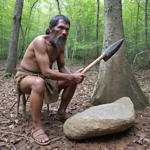Prompt: primitive hunting with stone axe and wearing hide