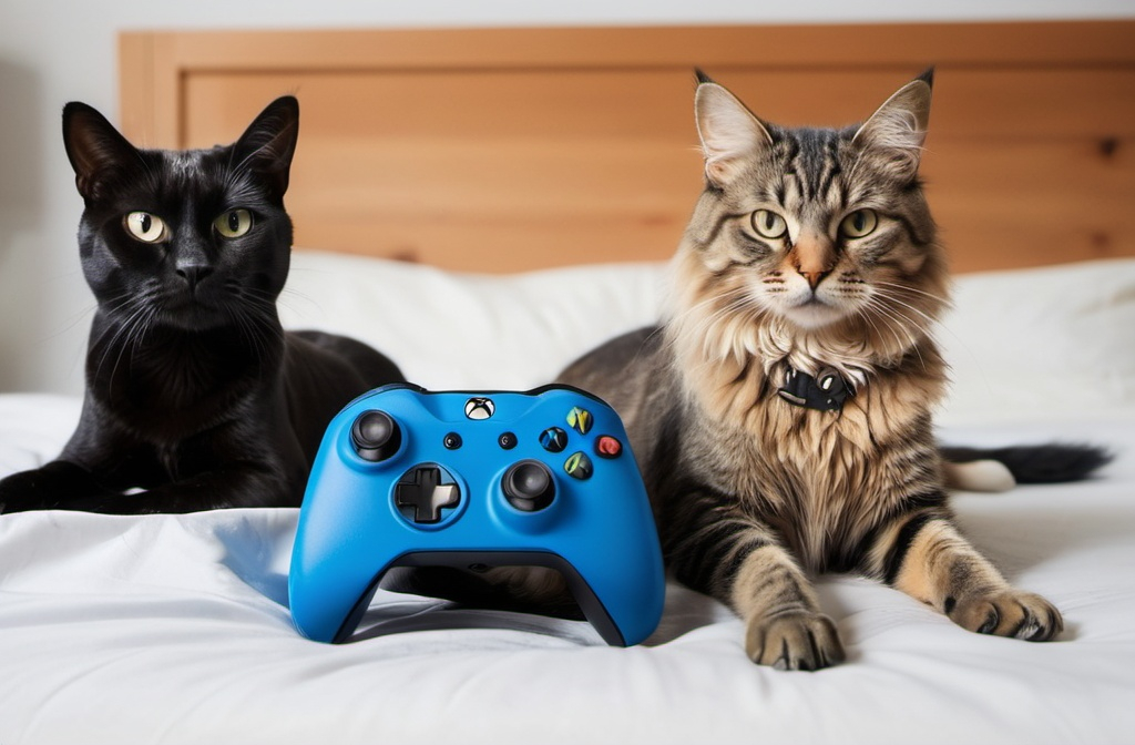 Prompt: a back dog with a blue dog with a bone on a bed and a cat with a xbox