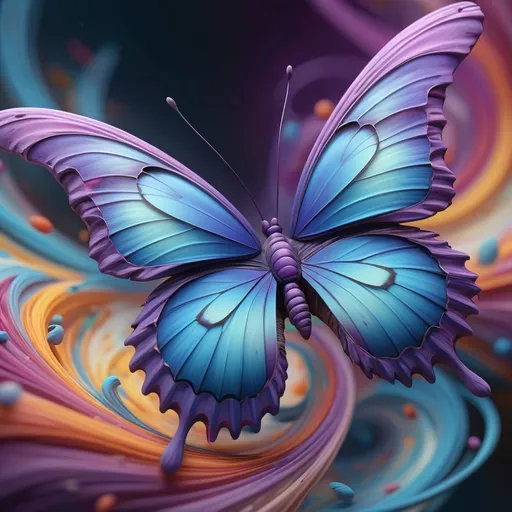 Prompt: butterfly effect depiction, (detailed representation of a butterfly), swirling colors illustrating chaos theory, soft-focus background with gentle gradients, (dynamic flow of equations and patterns from Lorentz formula), ethereal and surreal atmosphere, vibrant color tones including blues and purples, (conceptual visualization of complexity and interconnectedness), ultra-detailed, 4K quality artistic expression.