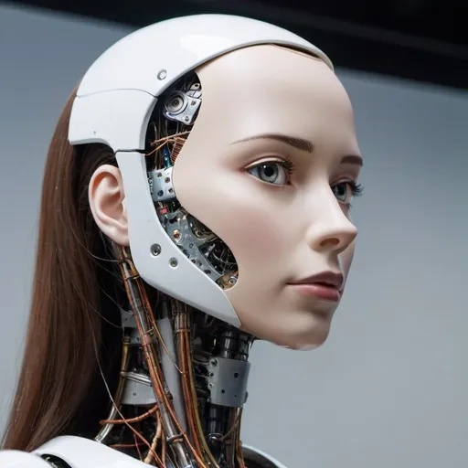 Prompt: Closed up in head, looking towards right,humanoid robot that looks like a beautiful woman