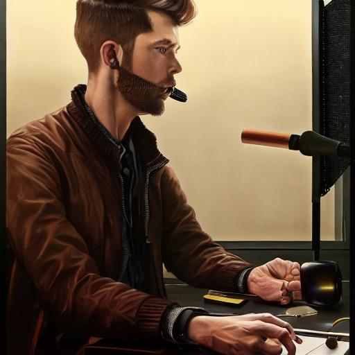 Prompt: Portrait of a male with Brown hair in podcast studio, perfect composition, hyperrealistic, super detailed, 8k, high quality, trending art, trending on artstation, sharp focus, studio photo, intricate details, highly detailed, by greg rutkowski