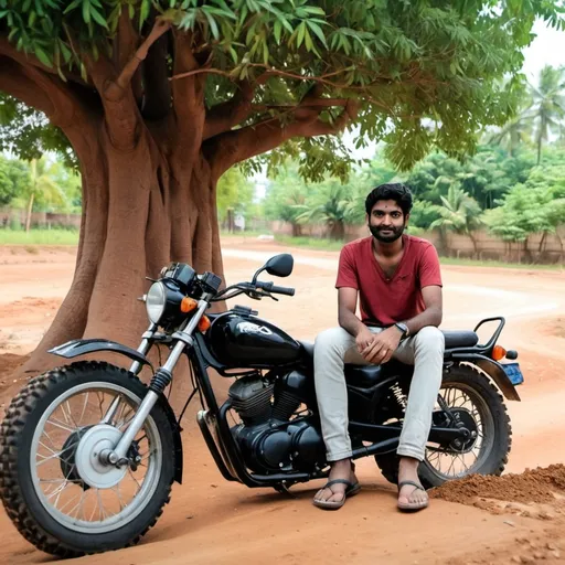 Prompt: a man sitting on the ground next to a motorcycle with a tree in the background and a dirt path, Anthony Devas, samikshavad, jayison devadas, a picture