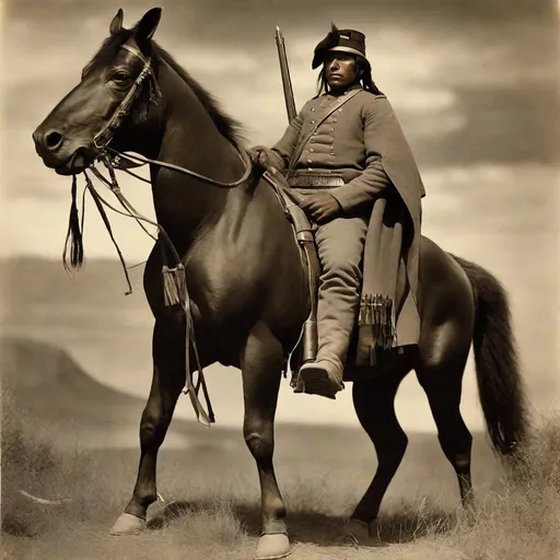 Prompt: Whole body. Full figure. Union army native american buffalo soldier light cavalryman. In background Montana prairies. Well draw face. Detailed. realistic helmets. Historical photo. WWI pics.  