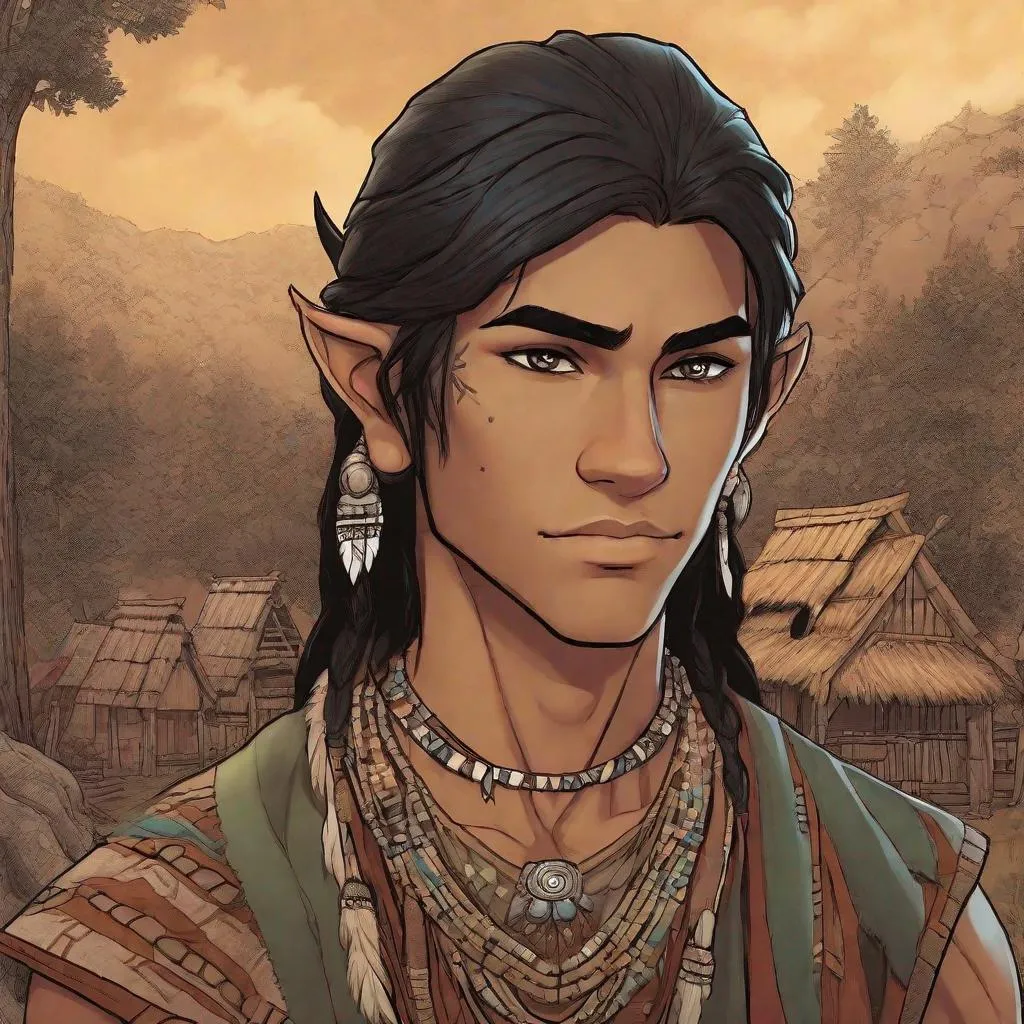 Prompt: cute 20 years old native American elf boy. He wears cherokee garbs. In background a cherokee Village. Well draw face. Detailed. Changeling the Dreaming art. Rpg art. 2d art. 2d. well draw face. Detailed. Dynamic pose.