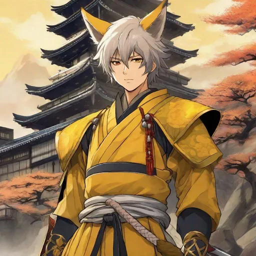 Prompt:  A samurai boy in Yellow armor. Fox ears and fow tail. White hairs. In background a japanese castle. Well draw face. Detailed. Dynamic pose. Anime art. Studio trigger art. Studio Mappa art. Anime. Anime boy. 2d art 2d. 