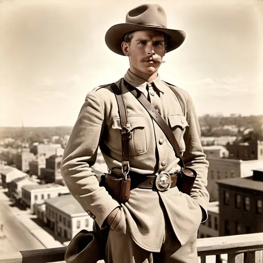 Prompt: Full Figure. Whole body. A white confederate soldier in early XX century uniform. He wears a stetson hat. In background a sud american city. Well draw faces. Detailed. Historical photo. WWII pics.  





