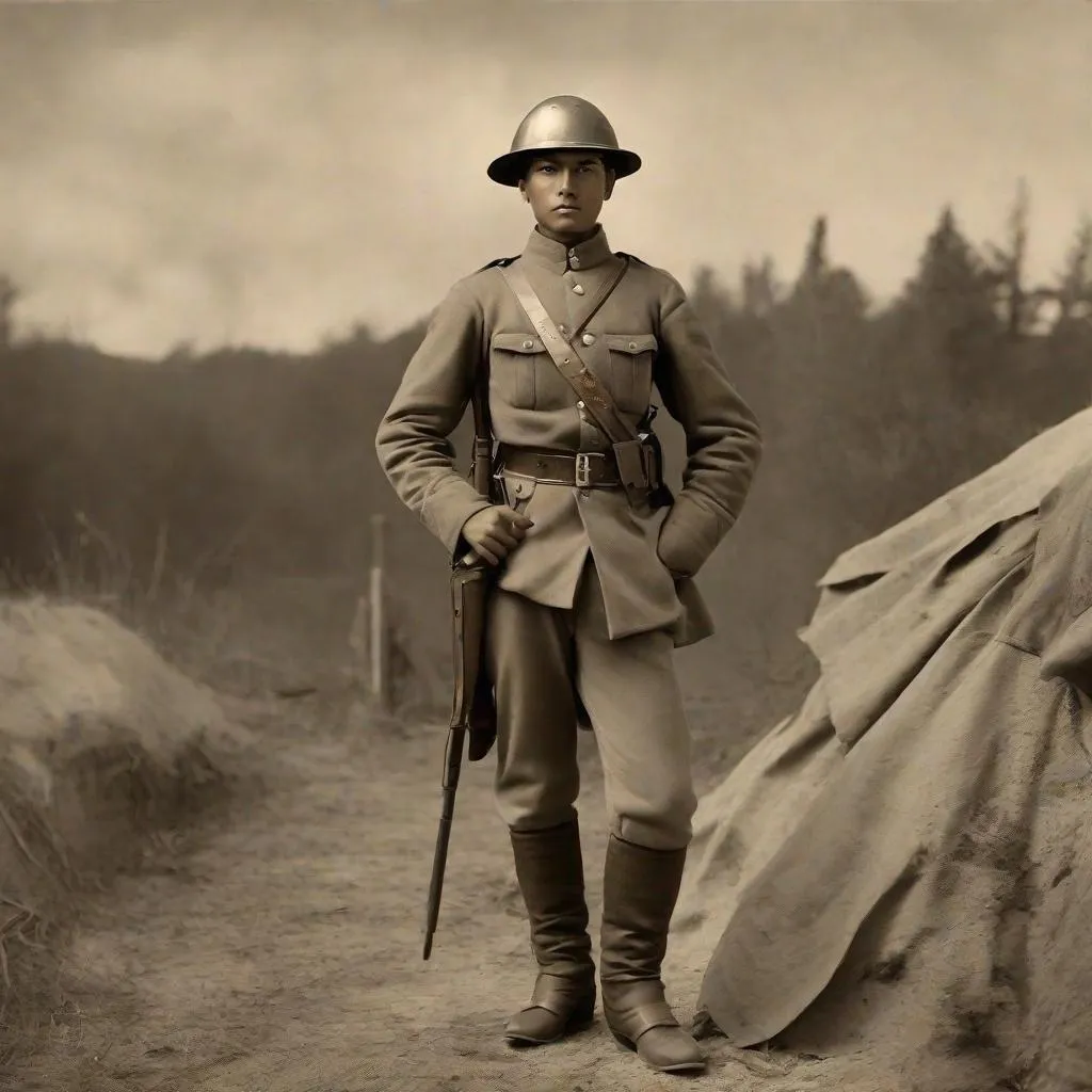 Prompt: Whole body. Full figure. Confederate native american soldier. Cadet Gray Uniform. WWII M33 italian helmet Helmet. In background a trench . Well draw face. Detailed. realistic helmets. Historical photo. WWII pics.  