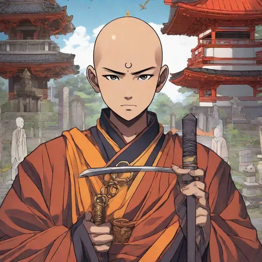 Prompt: well draw face. detailed. A young buddhist monk. Bald. He wields a Buddhist baton with many rings. In background a japanese graveyard. anime. anime art. studio mappa art. studioo trigger. 2d art. 2d. rpg art. 